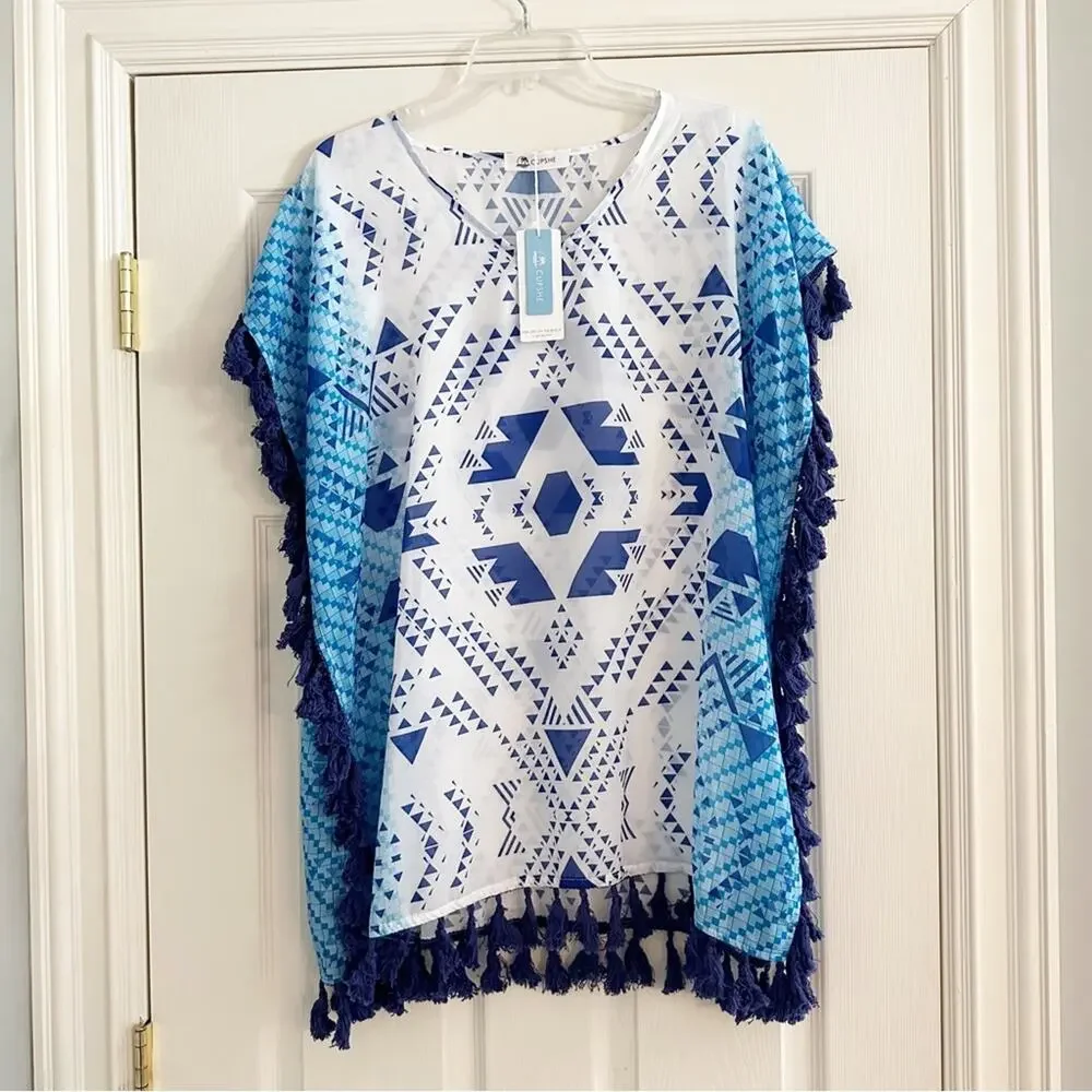 Cupshe NEW Blue White Geometric Print Boho Trim Swimsuit Bathing Suit Cover Up